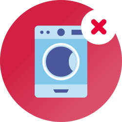 Um círculo vermelho com um desenho azul de uma máquina de lavar roupa no interior e uma cruz vermelha ao lado para indicar que as máquinas de lavar roupa ou louça não devem ser utilizadas para limpar equipamento CPAP.