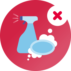 Um círculo vermelho com um desenho azul de um frasco de spray de limpeza e um pouco de espuma de sabão no interior, com um x vermelho para representar os produtos que não devem ser utilizados para limpar o equipamento CPAP.