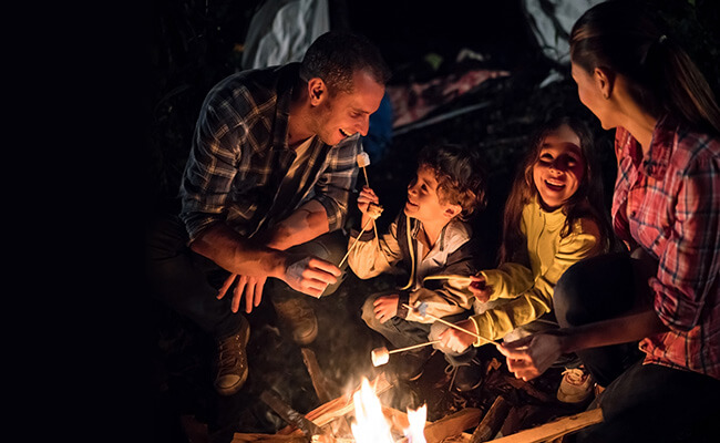 Uma família com um pai, uma mãe e dois filhos numa lareira, à noite, a assar marshmallows