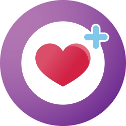 Um ícone roxo redondo com um coração vermelho dentro e um sinal de mais representando obter mais da terapia CPAP