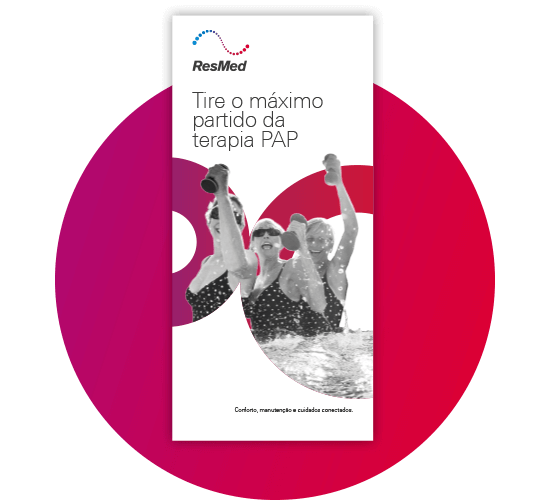 Um círculo vermelho sobreposto à capa branca do livro eletrónico da ResMed 