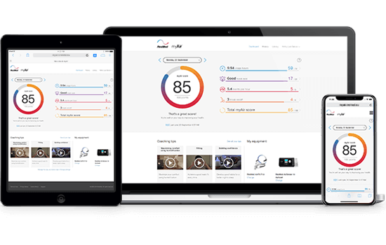 Imagem de um tablet, computador e telemóvel conetados à aplicação myair