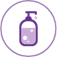 Um ícone de círculo roxo com um desenho de linha de um dispensador de sabão para as mãos no interior para representar sabão ou detergente líquido.