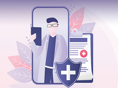 Imagem estilizada de um médico a segurar num tablet, relatórios médicos, segurança e telemóvel